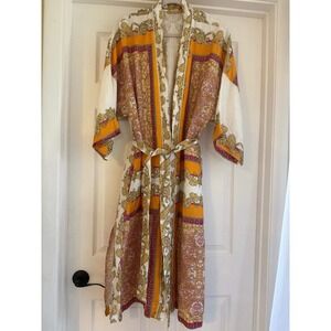 Magaschoni 100% Linen Paisley Print Robe Kimono Duster Orange Pink Large L